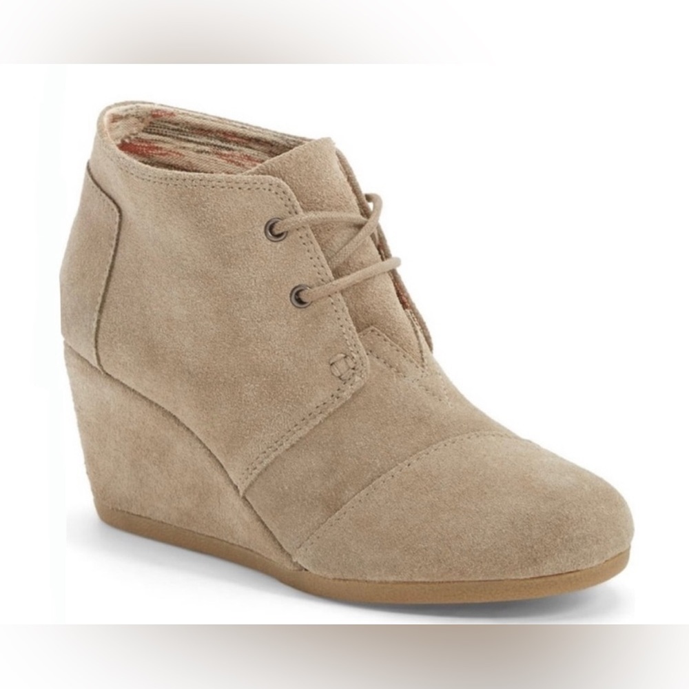 Toms Desert Wedge‎ Lace Up Suede Ankle Boot Tan Brown Heel Shoe, Size 10